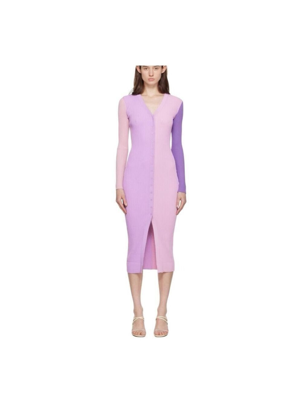 Women's Staud Shoko Colorblock Ribbed Knit Midi Dress XS Purple and Pink